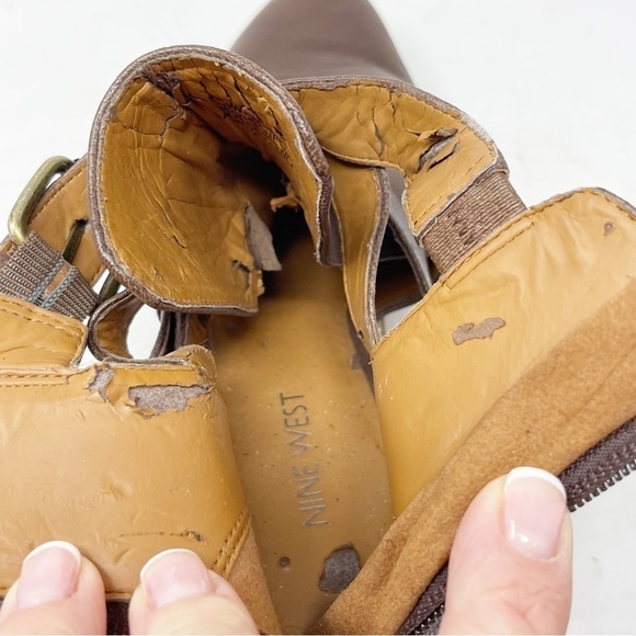 NINE WEST Women’s Brown Leather WATERLOO Buckle Closure Open Side Booties 8.5 - Picture 8 of 12